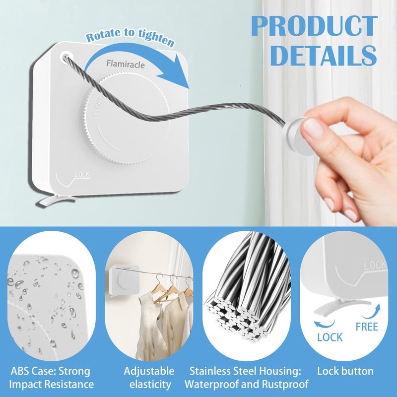 Flamiracle Retractable Clothesline Indoor, Non-Sagging Outdoor Clothes Line Retracting 15.7 Feet Heavy Duty Laundry Line Retractable Wall Mounted Clothes Line Outdoors (Square-White) - Image 4